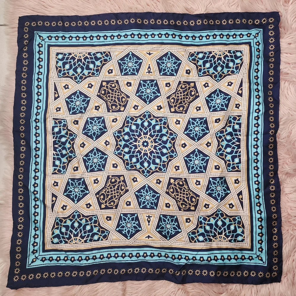 The British Museum 100% silk scarf blue geometric